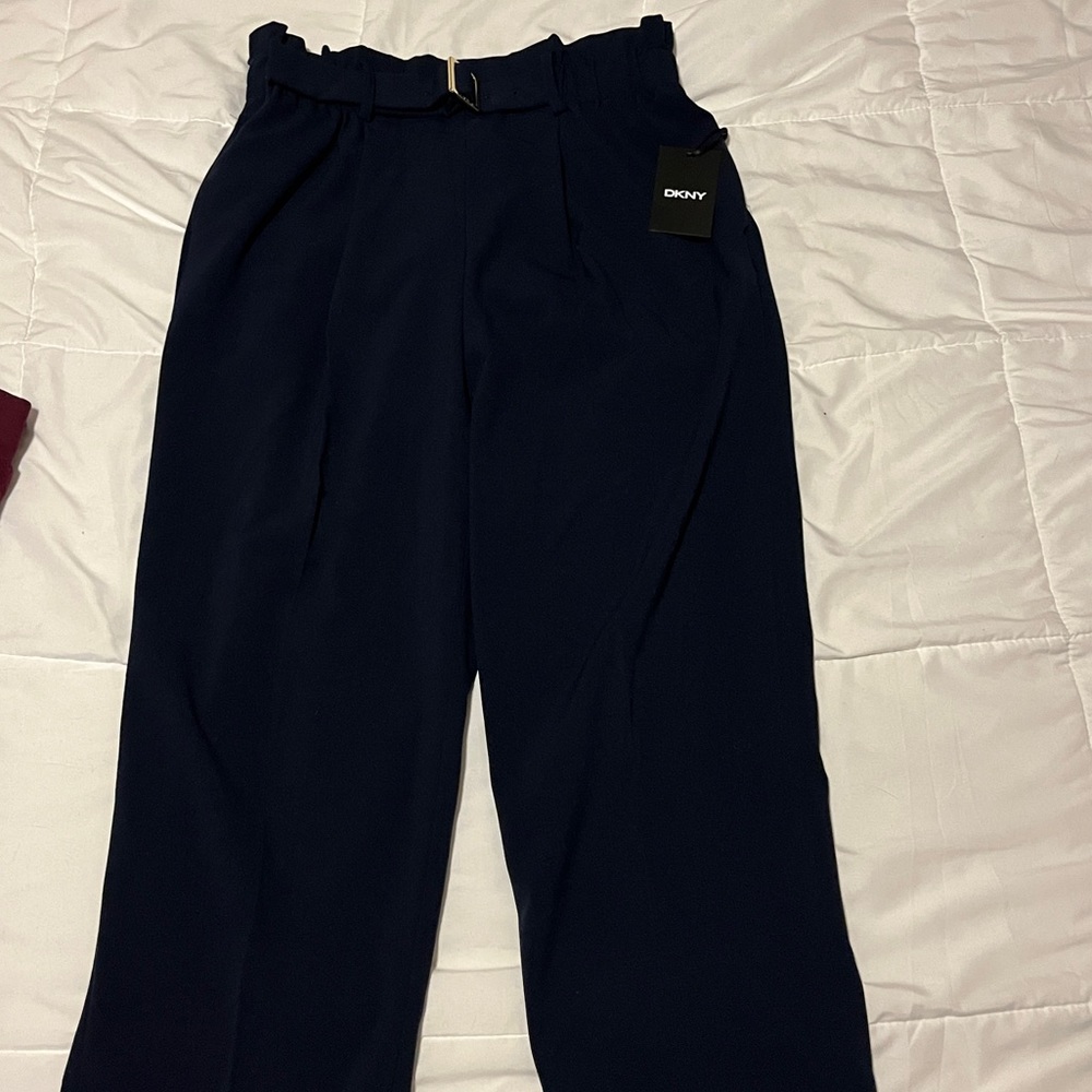 DKNY high rise belted pleated slacks navy blue
